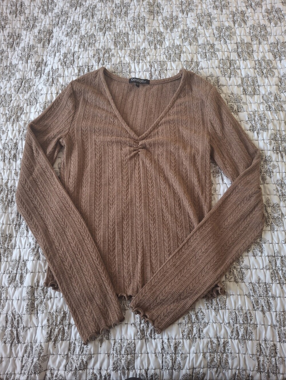George Brown Cable-Knit V-Neck Long Sleeve Top